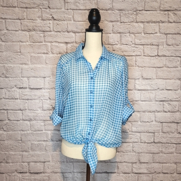 Self Esteem juniors blue white gingham plaid button front tie front top XXL - Picture 2 of 10